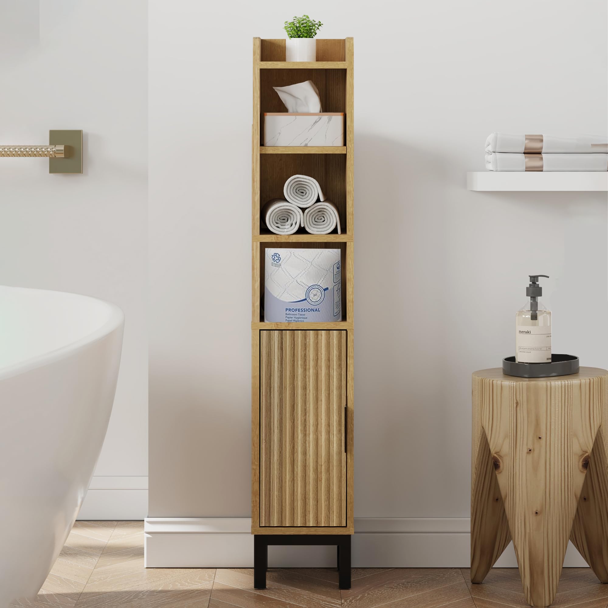 FerniTry Narrow Bathroom Storage Cabinet, Corner Toilet Paper Floor Cabinet 5 Tiers with Door and Shelves,Bathroom Organizer with Adjustable Shelf, for Small Spaces (Oak)