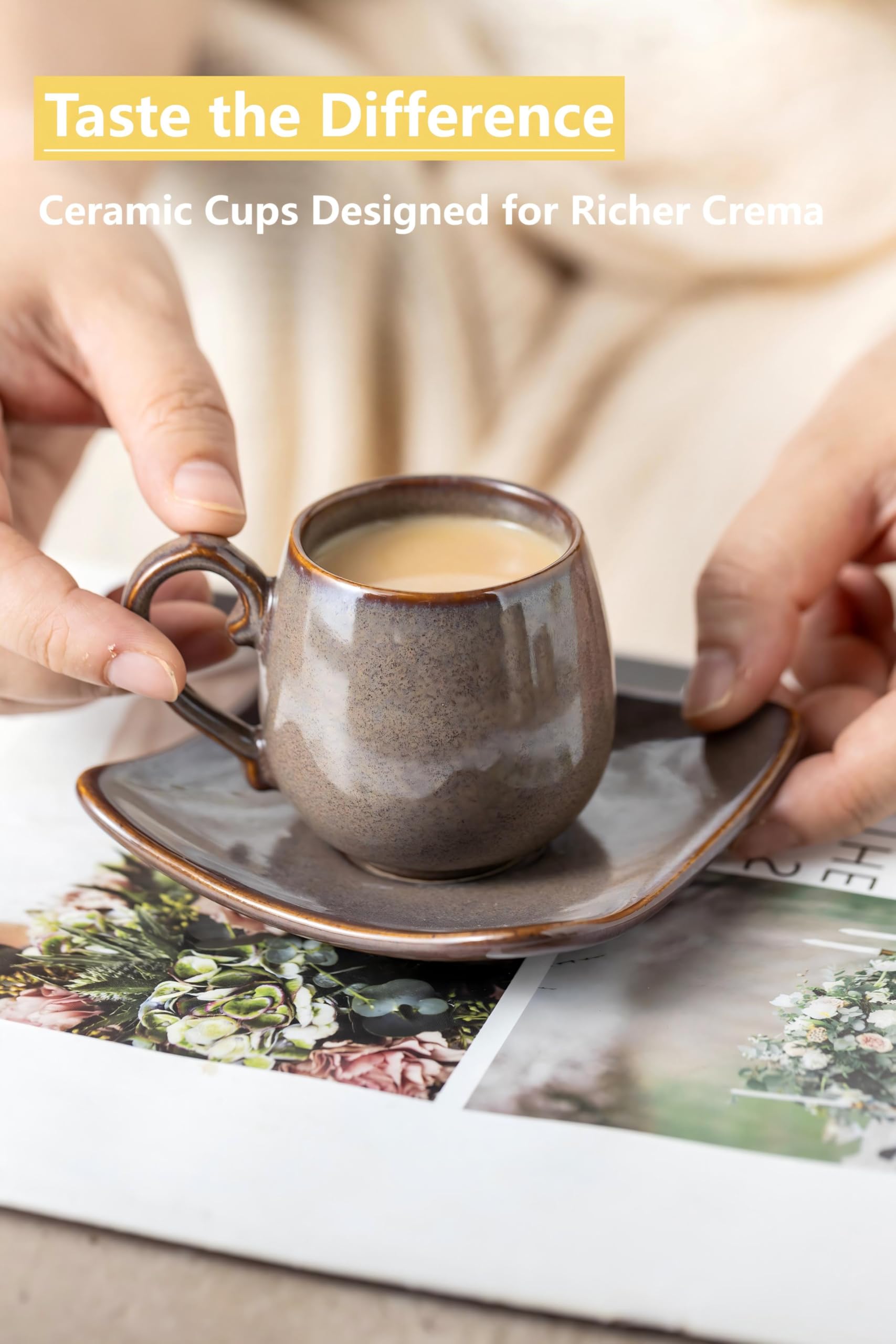 LYEOBOH Kaffee-Espressotassen mit Untertassen, Keramik, kleine Kaffeetassen mit Halter und Löffeln, süße Demitasse-Tassen für Espresso, Latte, Mokka, Einweihungsgeschenk, Bauernhaus, Braun
