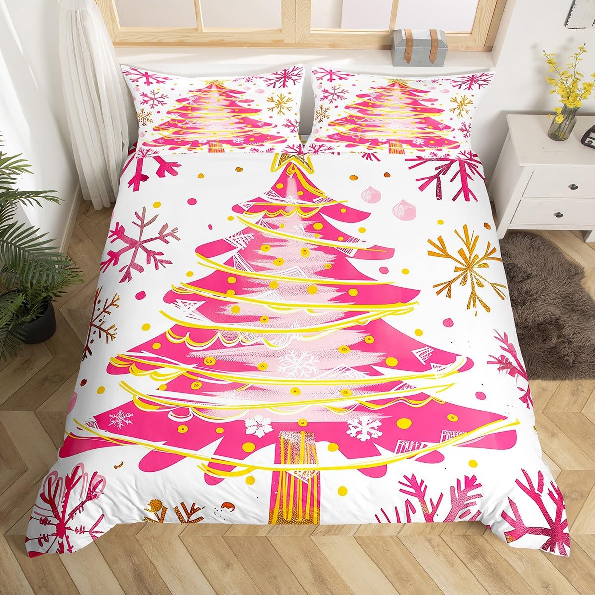 Homemissing Kids Pink Merry Christmas Bedding Set King Size Xmas Tree Comforter Cover Set for Boys Girls Snowflake Winter Theme Duvet Cover Happy New Year Bedspread Cover (No Comforter)