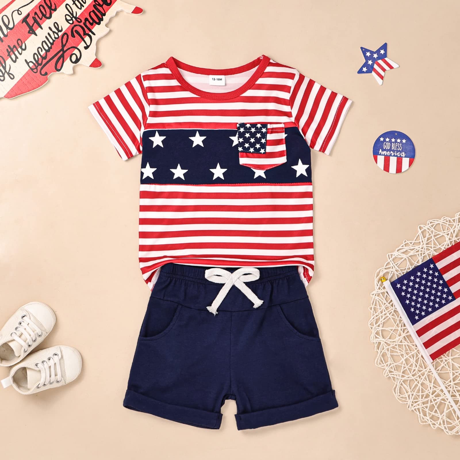 KAFIREN Baby Boy 4th of July Outfit 18 Months Boy Clothes American Flag Star Shirt Pocket Pants 2 Piece 18-24 Months