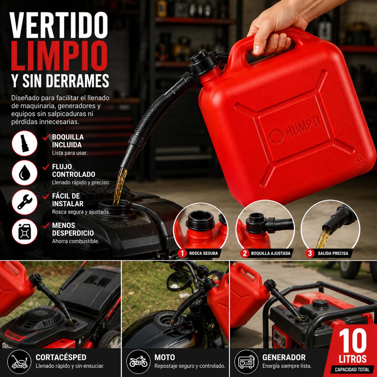 Garrafa Gasolina 10L Homologada Pack de 3 - Bidón Combustible Plástico con Visor de Nivel - Bidones para Gasolina y Gasoil Homologados 30 Litros