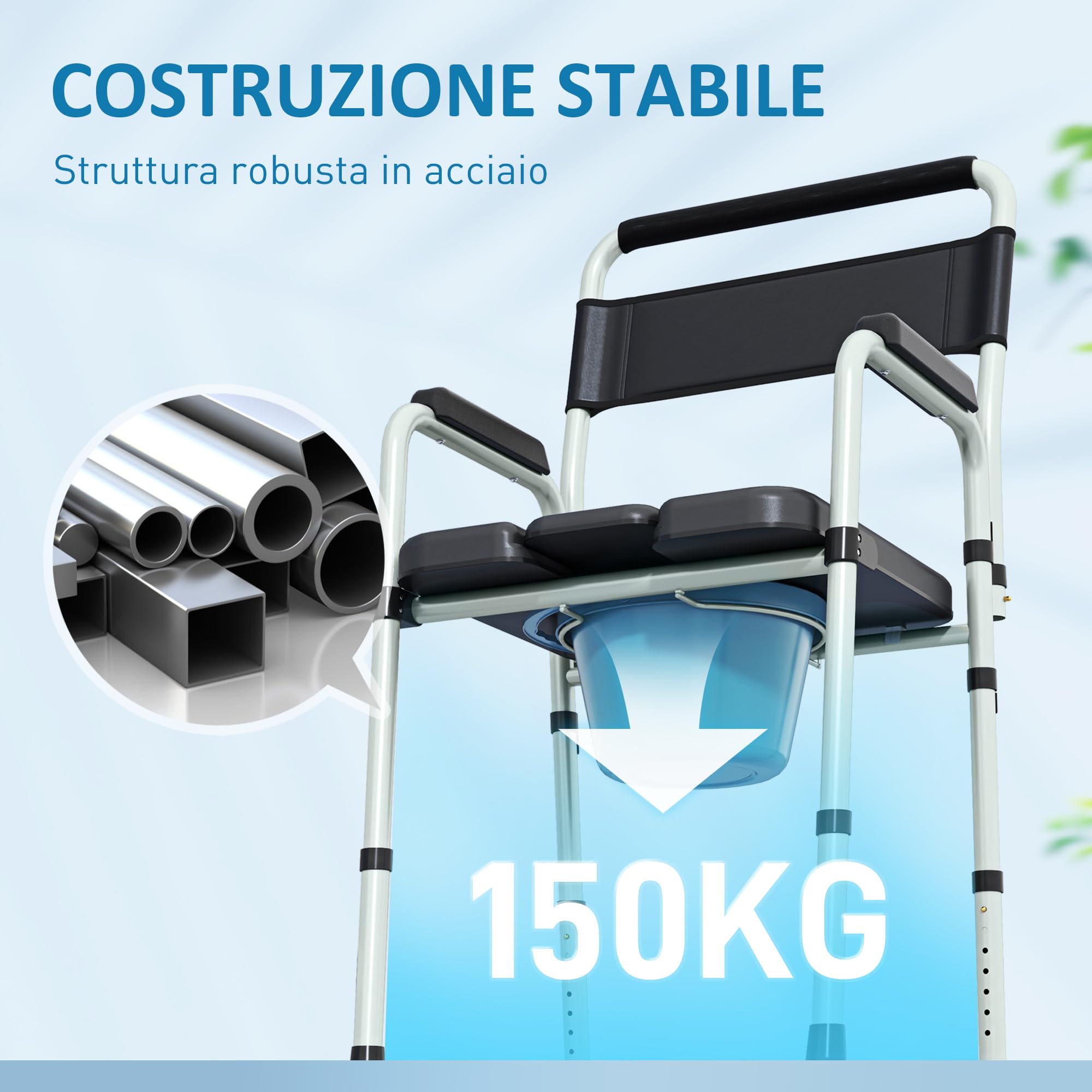 HOMCOM Sedia WC per Anziani Regolabile in Altezza su 7 Livelli 81.5-97cm con Secchio Rimovibile, Sedia Comoda WC Pieghevole con Braccioli e Schienale in Acciaio e Pelle PU, Capacità Peso 150 kg, Nero