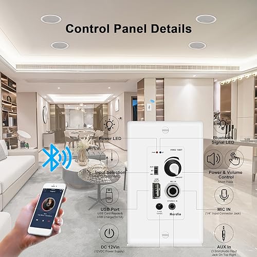 Miniatura 6 de Herdio Altavoces de techo Bluetooth de 5.25 pulgadas, potencia máxima, 600 W, montaje empotrado de 2 vías, receptor amplificador de montaje en