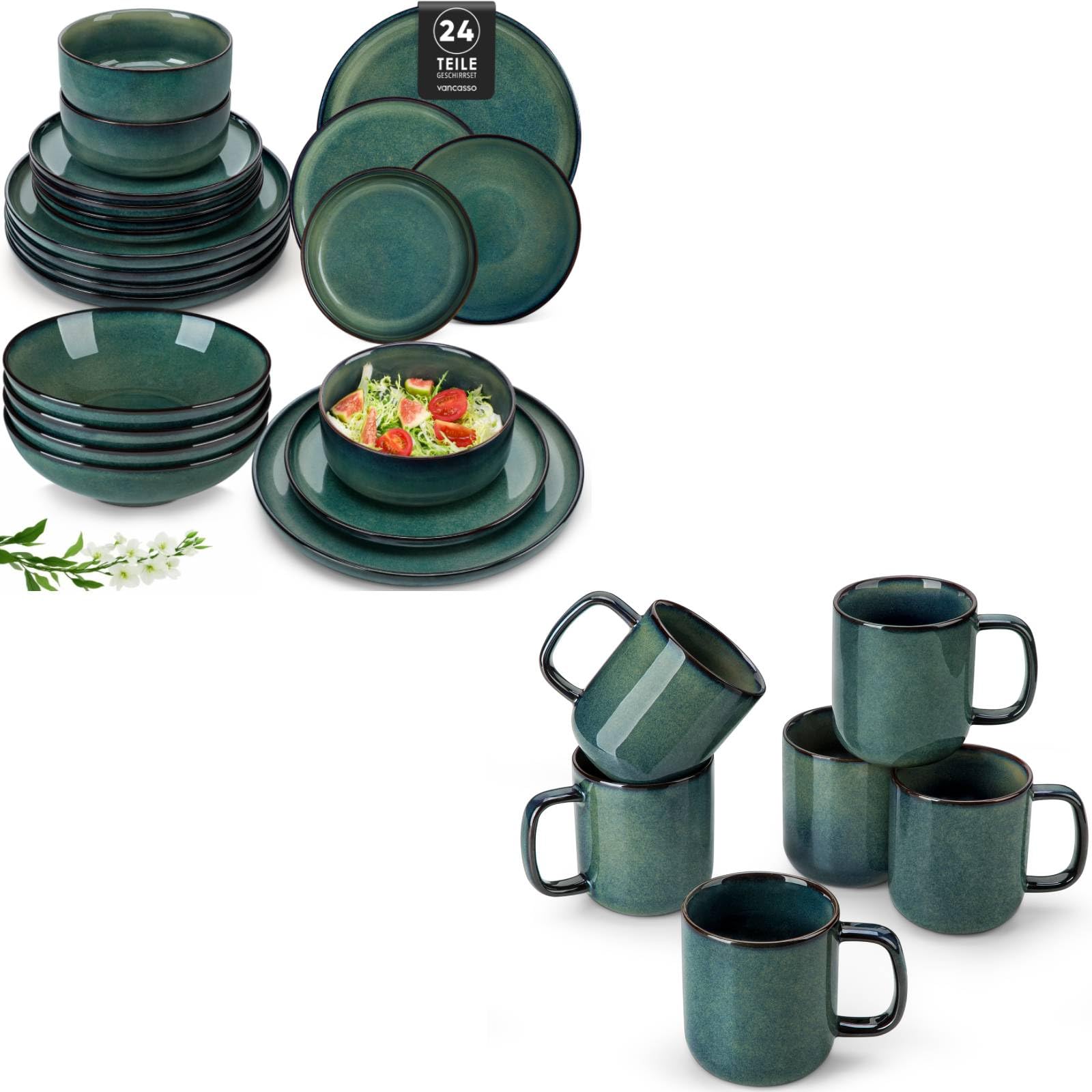 Geschirrset 6 Personen modern, vancasso STARRY 24-teiliges Steingut Geschirr Set+Steingut Kaffeetassen Set 6er, 360ML Tassen Set mit Henkel