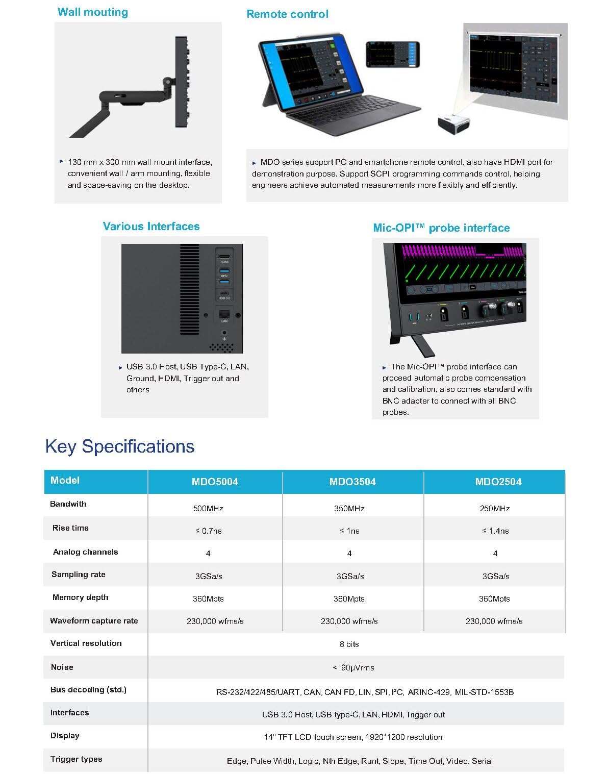 Micsig Oscilloscope numérique à stockage 250 MHz, fréquence d'échantillonnage 3 GSa/s, profondeur de mémoire 360 Mpts, 4 canaux, écran tactile plein de 14 pouces (MDO2504 250MHz)