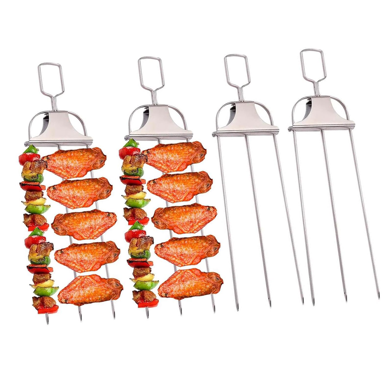 4 Pcs 3-Way Grill Skewers, 3 Prong Stainless Steel BBQ Skewers with Push Slider Bar, 14 Inch Reusable Metal Kabob Skewer for Outdoor Grilling, Heavy Duty Barbecue Fork for Meat, Chicken, Shrimp