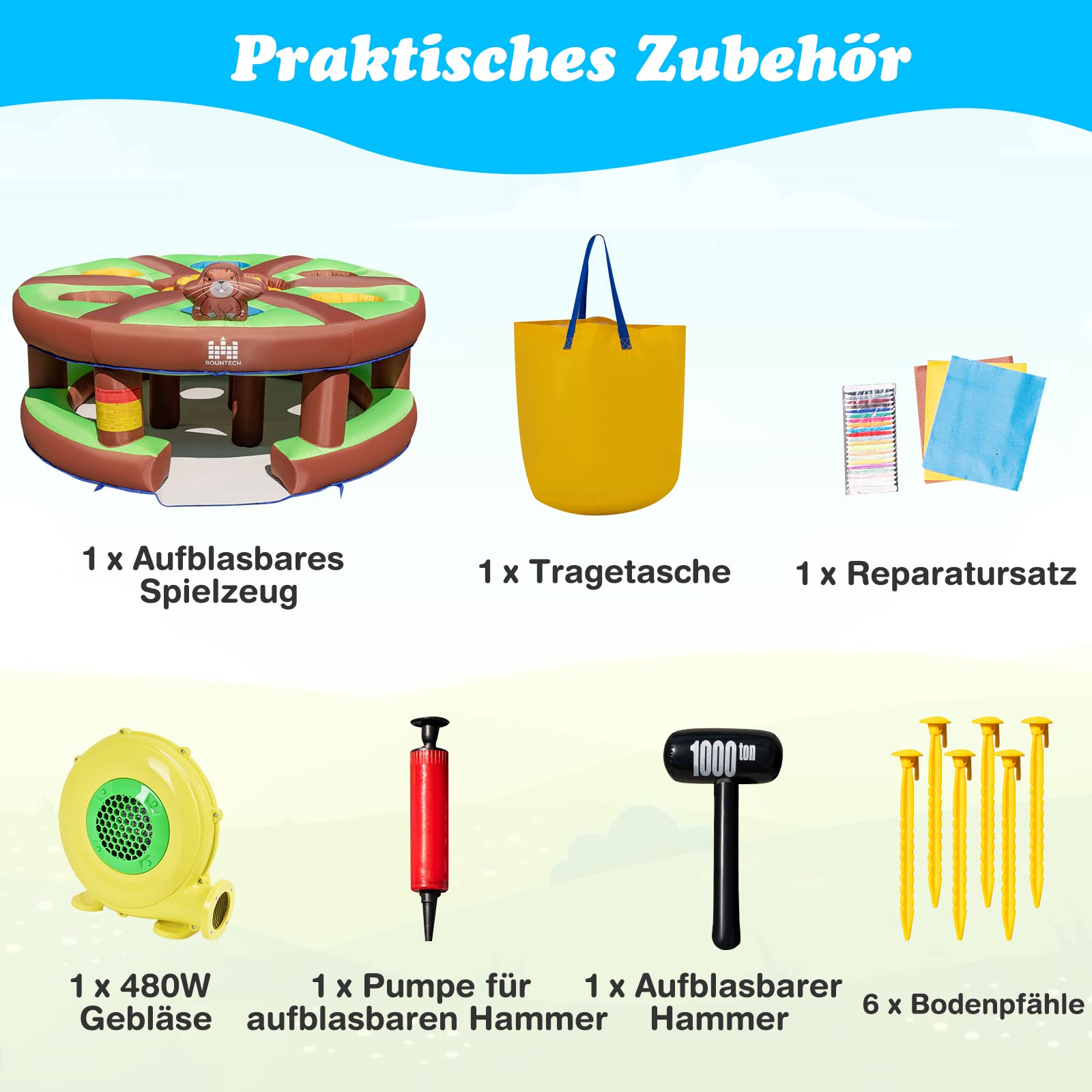 COSTWAY Aufblasbares Hau-den-Maulwurf Spiel für Kinder, riesiges Kinderspiel mit 480W Gebläse, aufblasbarem Hammer, Pflöcken, aufblasbares interaktives Familienspiel für Innen- & Außenbereich