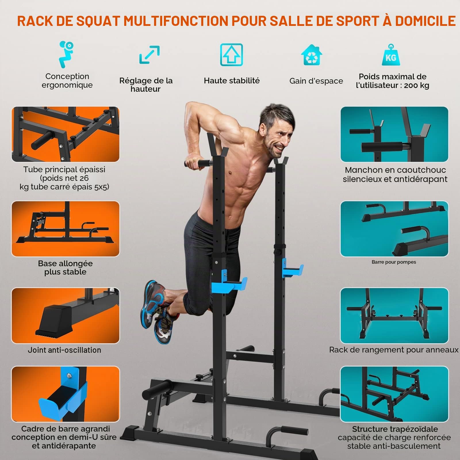 Cages de Squat Support pour Barre de Musculation Multifonction porte-haltères hauteur règlable Manivelle à barre parallèle gymnase à la maison