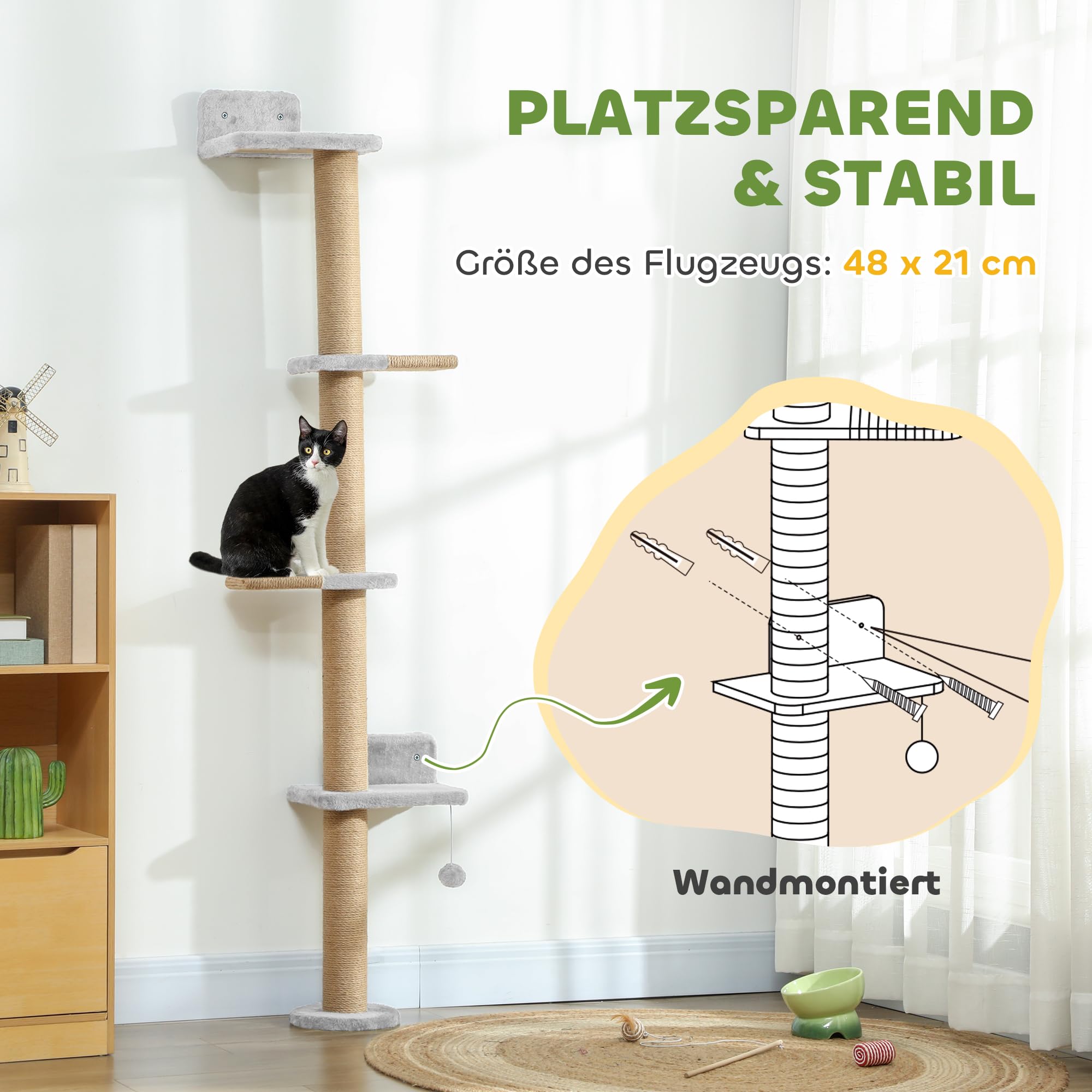 PawHut Drapak na ścianę, 5 poziomów, 180 cm, wieża dla kota z piłką do zabawy, jasnoszary