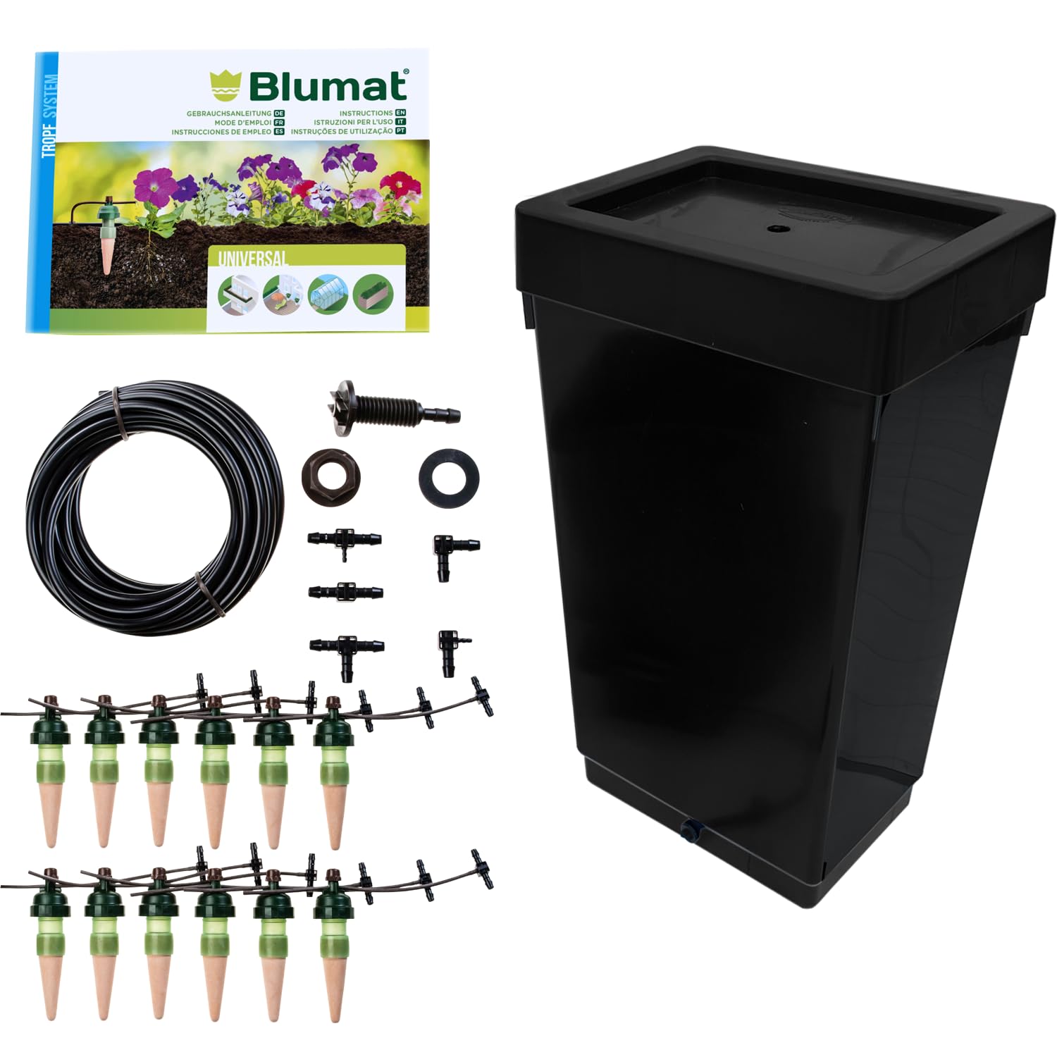 Set di irrigazione per 12 piante con serbatoio da 47 l, con set originale a goccia Blumat da 3 metri