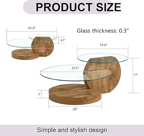 Miniatura 2 de Mesa de centro de vidrio de 35.4 pulgadas, mesa de centro redonda pequeña, mesa de vidrio templado de 2 niveles con base de madera, mesa central