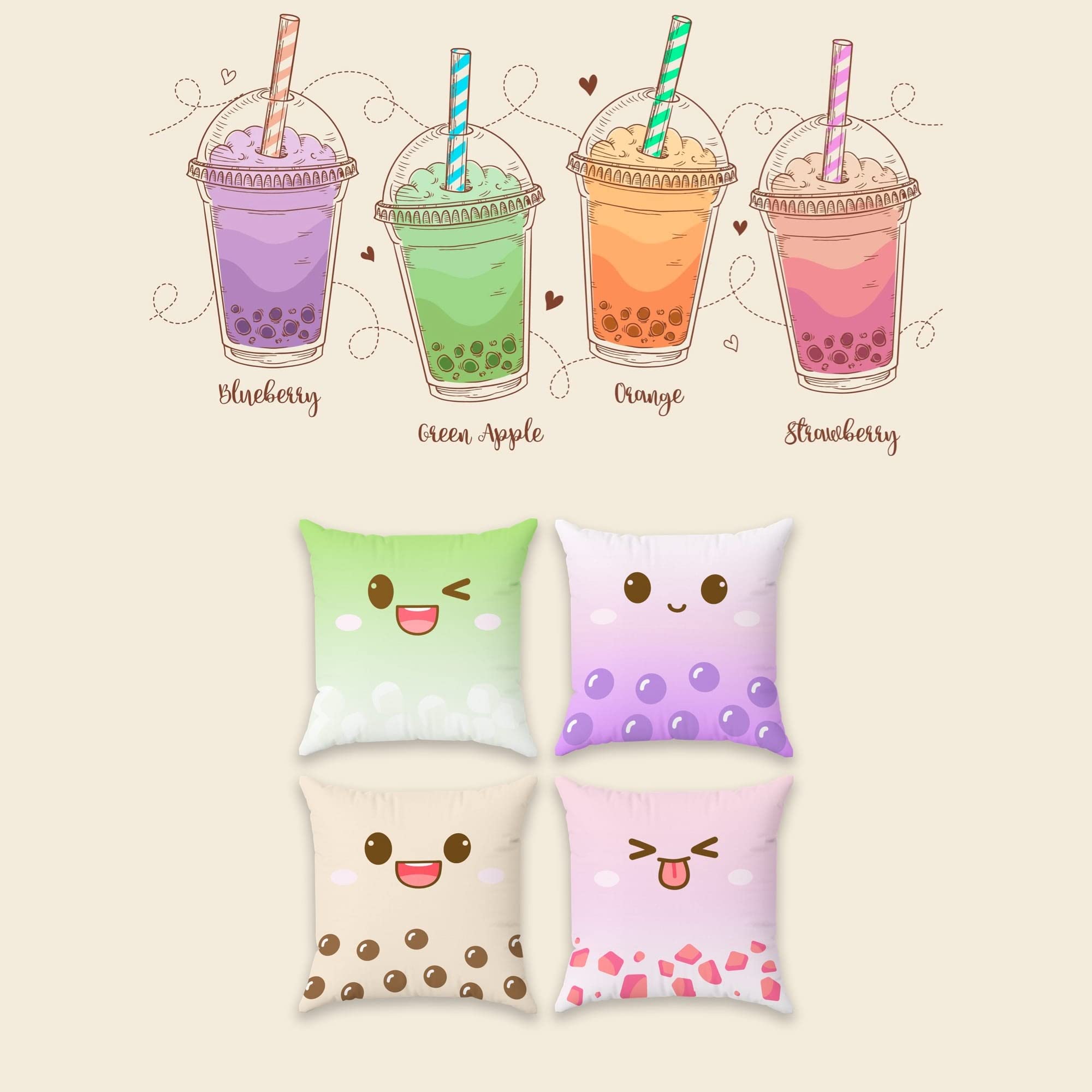 BelugaDesign Graziose federe per cuscini, confezione da 4 pezzi, motivo anime Boba Bubble Tea, Kawaii, per ragazze (45 x 45 cm, 4 multicolori)
