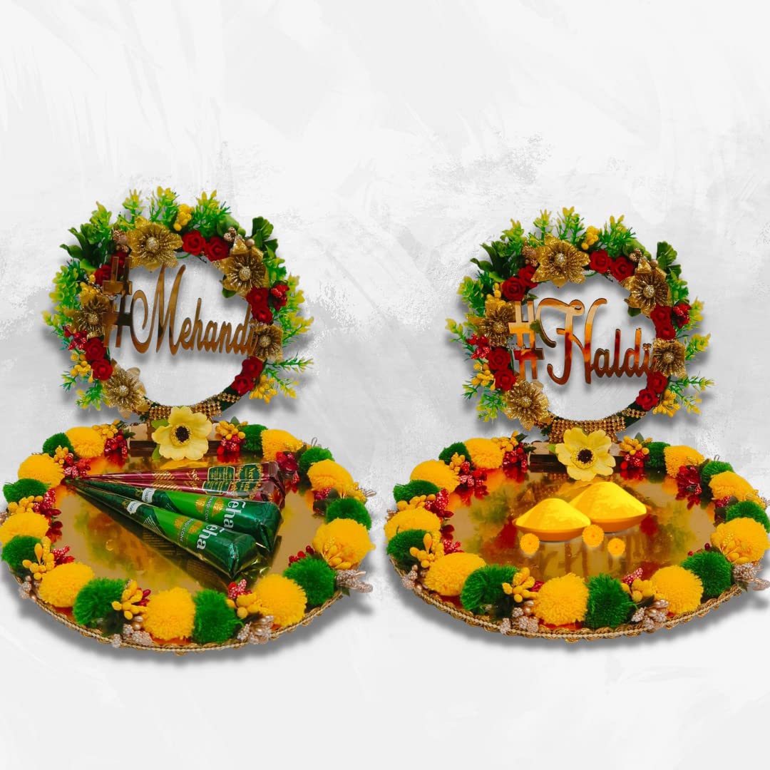 Wood Beautiful Haldi & Mehndi Plate/Haldi Mehendi Tray (Pack of 2)