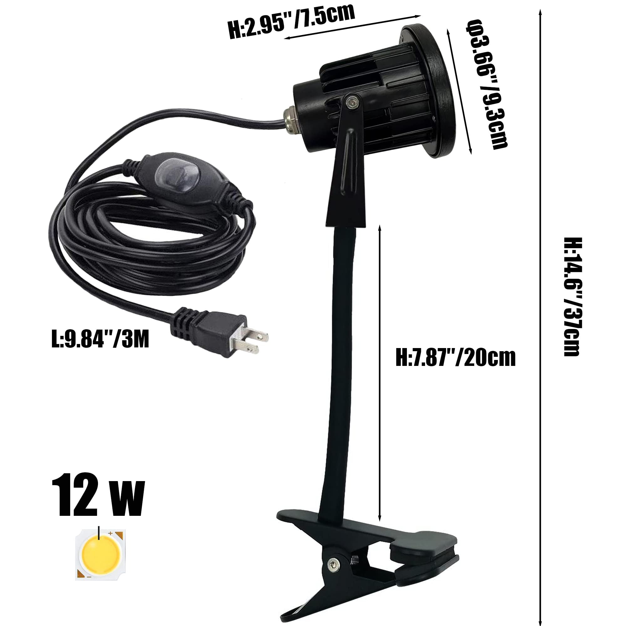 Kiven ?Aluminum Clip On Light 12W LED Indoor/Outdoor Spotlight with Waterproof Switch Plug in Cord(9.8FT) Accent Lighting for Plants Advertising Board - 4000K Natural Light