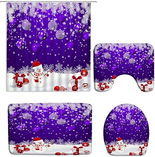 Miniatura 2 de Juego de 4 cortinas de ducha de Feliz Navidad, bolas de Navidad moradas, muñeco de nieve, ramas de pino, invierno, Año Nuevo, decoración de baño con