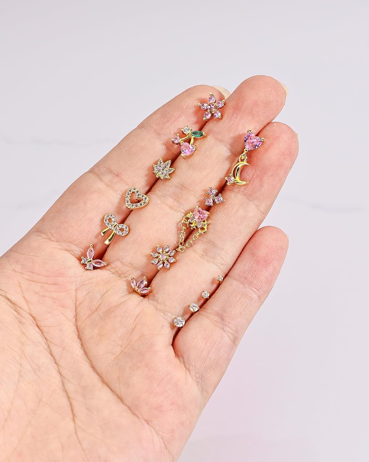 Nose Rings L Shaped for Women Nose Piercings 20G Surgical Stainless Steel Gold Plated Nose Studs Pink Red CZ Heart Butterfly Flower Cherry Bow Moon Dangle Nose Piercing Jewelry - Image 5