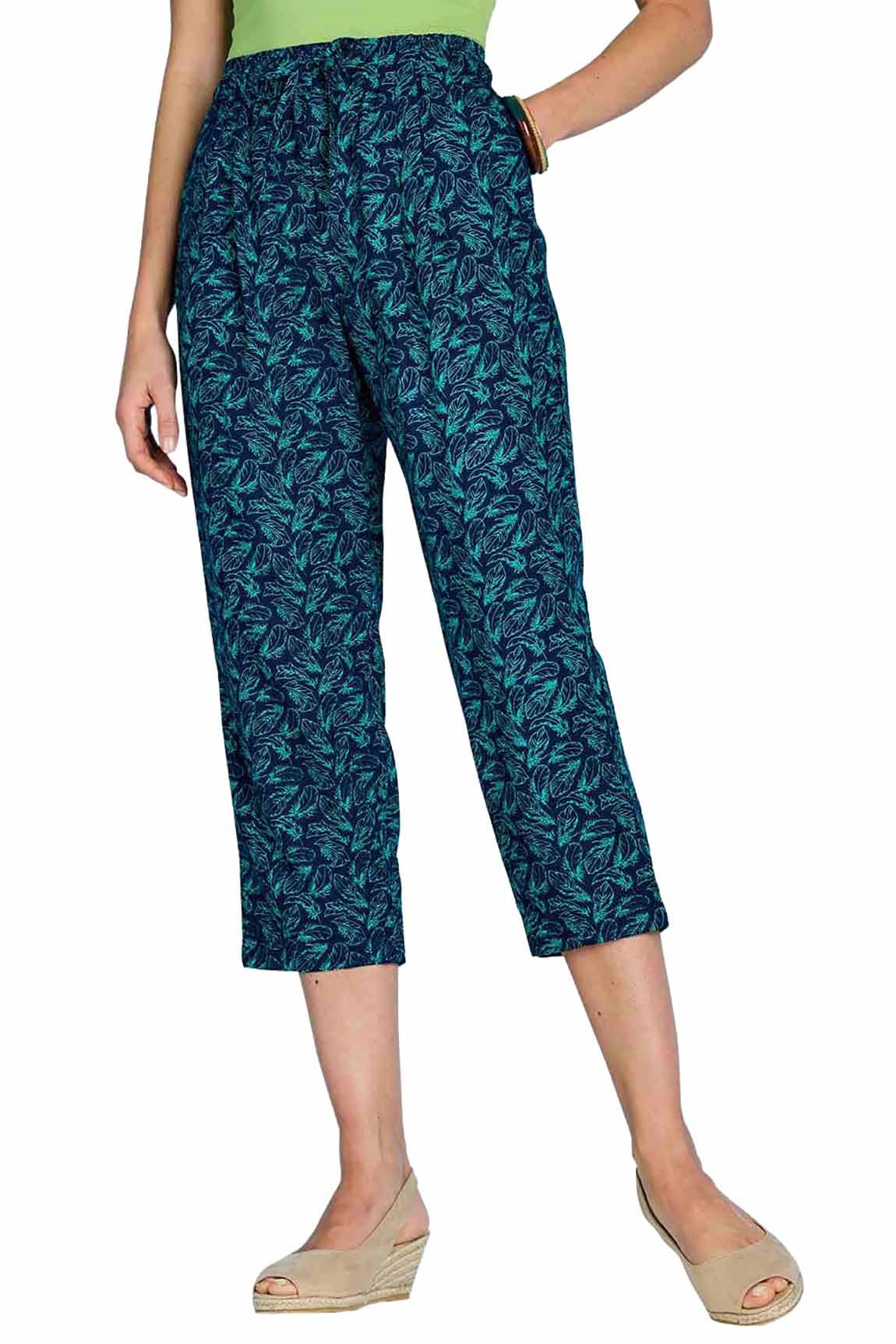Chums Viscose Crop Print Trouser Navy Elasticated Waist Drawcord Lightweight Comfortable - Women's Size 12XS