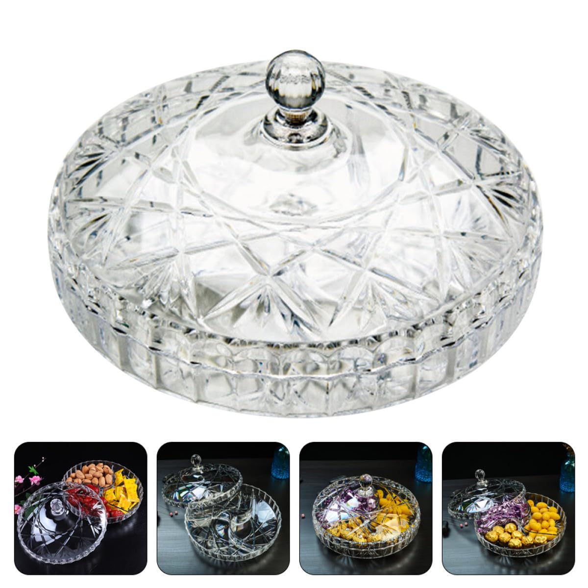 Caja de Aperitivos Pequeña Transparente de Acrílico con 3 Compartimentos y Tapa para Frutas Secas y Snacks en Hogar, Bandeja Organizadora Práctica y Ligera para Reutilizable