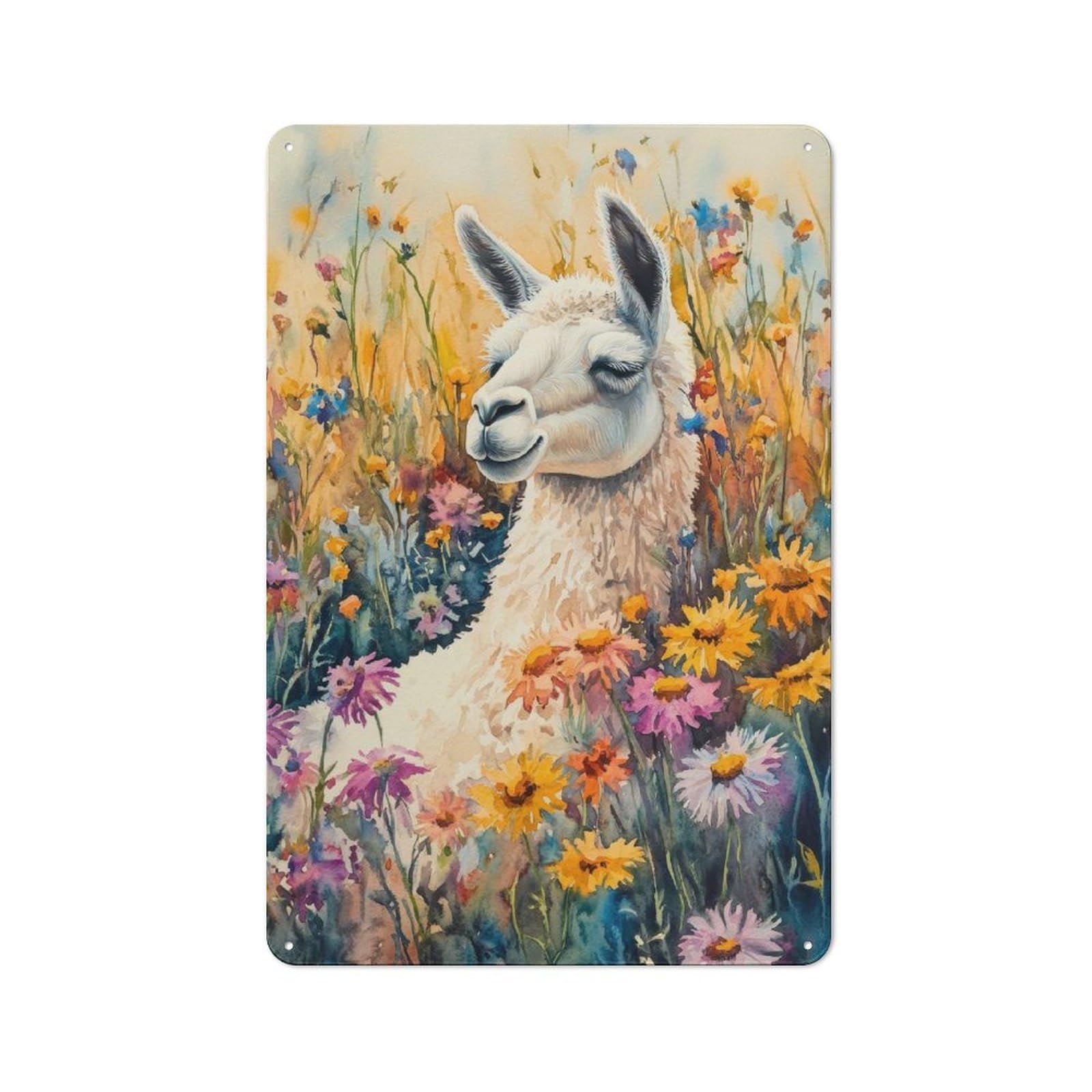 Junmoney Llama In A Field Of Flowers Metal Wall Sign 30X20cm Featuring For Café Or Restaurant, For An Autumn Wall Display In Café And Restaurant