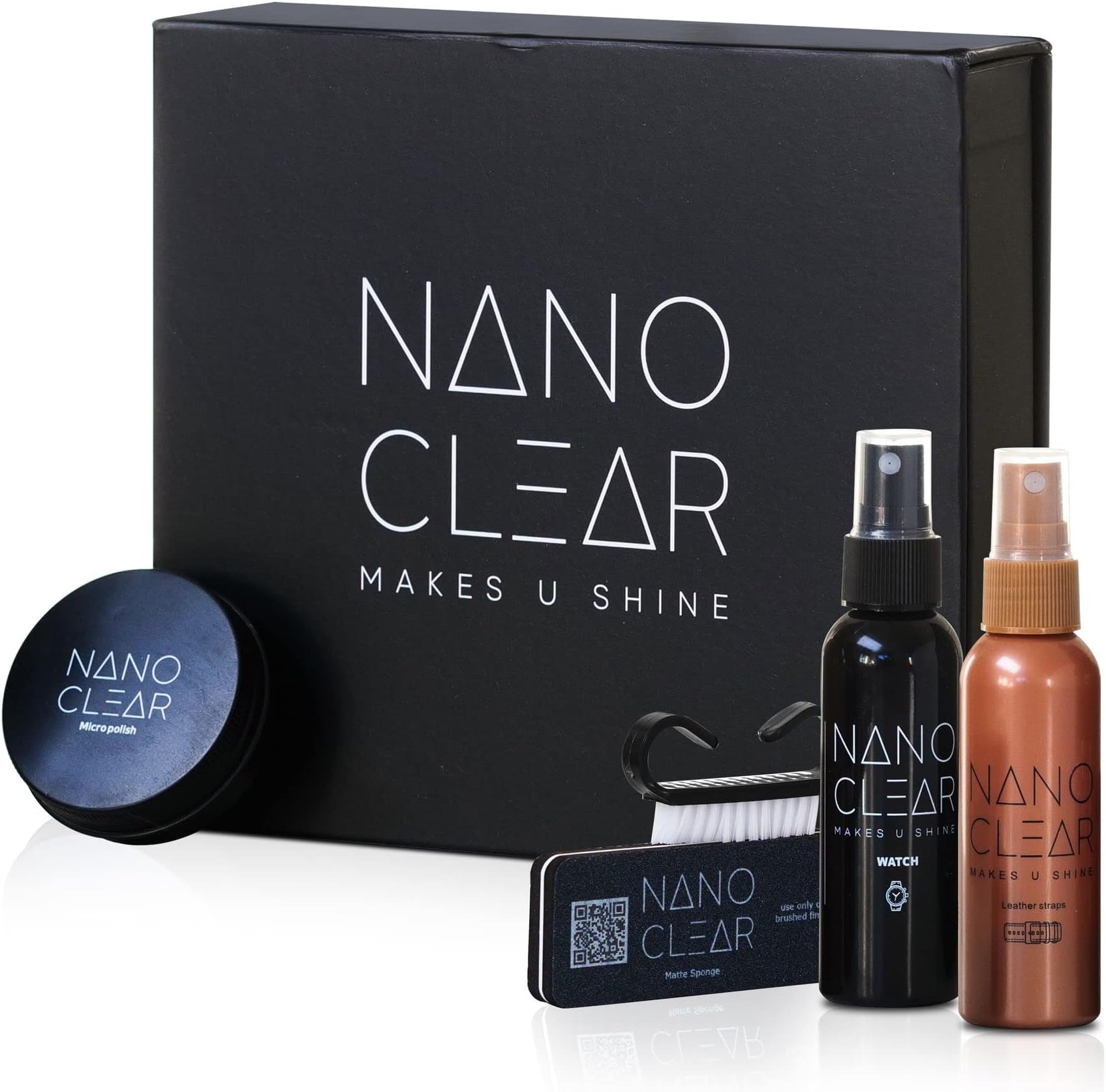 Nano Clear Watch Repair Kit 2.0 - 2 Oz. Cleaner Solution, 1 Oz. Jewelry & Watch Polish, Microfiber Cloth, Matte Sponge, Gold, White