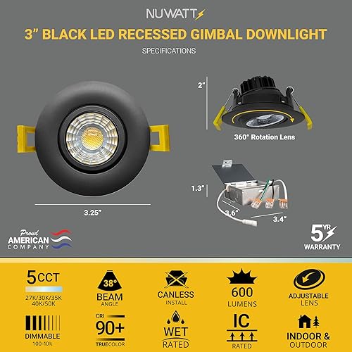 Miniatura 2 de NUWATT Lámpara empotrable LED redonda negra de 3 pulgadas, luz LED todo en 1 sin lata con 5 interruptores de color CCT 2700K - 5000K, 8W, 600