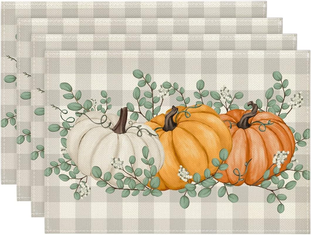 Artoid Mode Orange Pumpkins Kitchen Mats 2 pcs and Placemats Set of 4 for Kitchen Decoration
