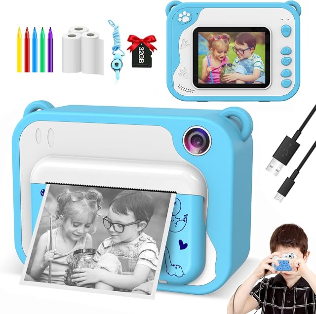 Uleway Instant Print Cameras for Kids, 1080P Digital Video Camera with 2.4 Inch Screen, 32GB SD Card, 5 Color Pens, 3 Rolls of Printing Papers, Portable Toys for 3-12 Year Old Boys and Girls (Blue)