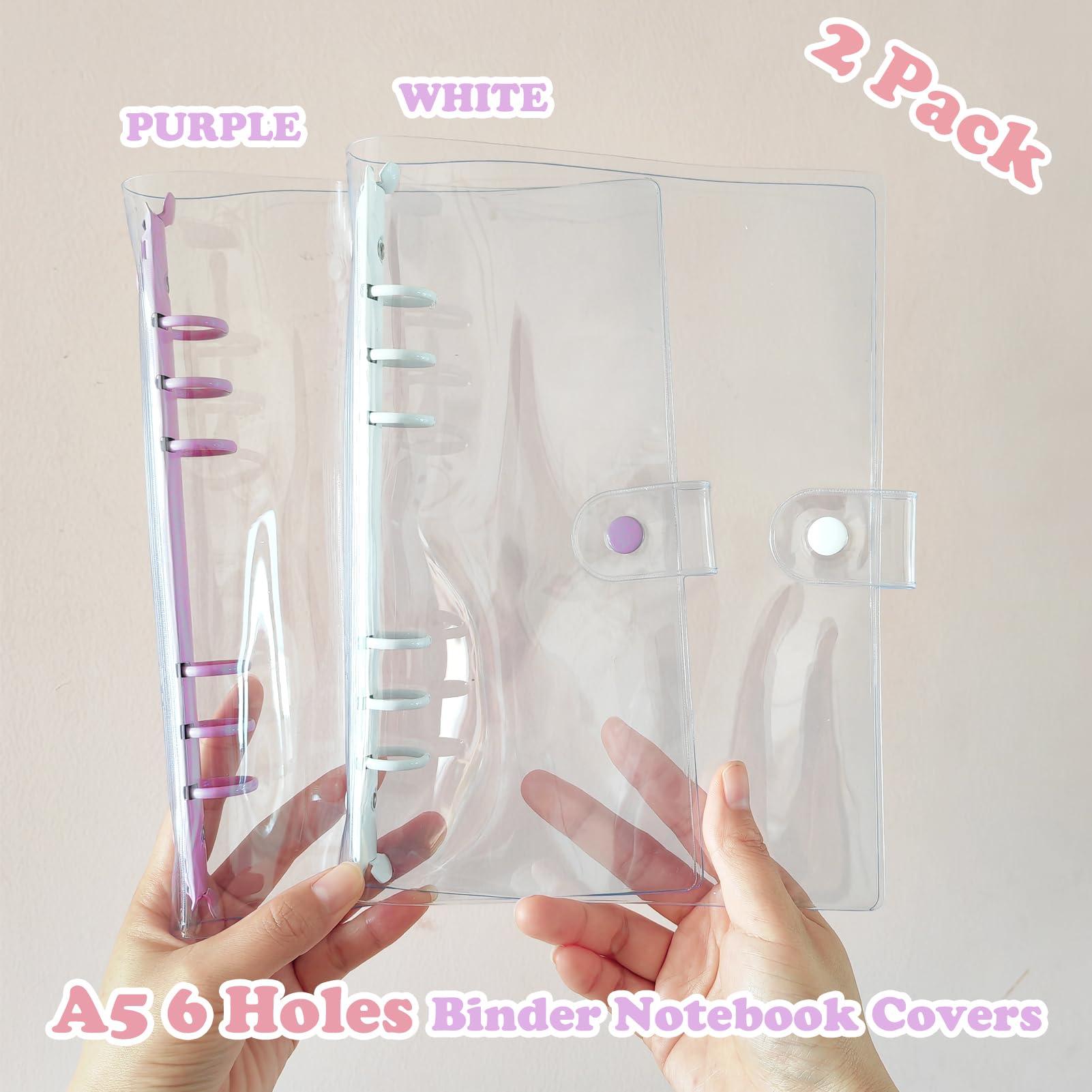DY.2ten 2 Pack A5 Transparent Soft PVC 6 Holes Binder Notebook Covers, Snap Button Closure Refillable Notebook Round Ring Binder Cover Protector(A5, Clear Cover + Light Purple/White Binder) - Image 3
