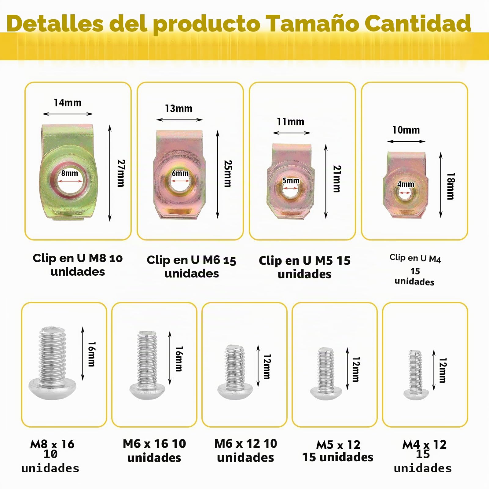 Gueenky 115 Piezas Tuercas de Clip en U, M4 M5 M6 M8 Grapas Tuerca Carroceria Tornillos Roscachapa de Clip de Tuerca en U para Coche y Moto