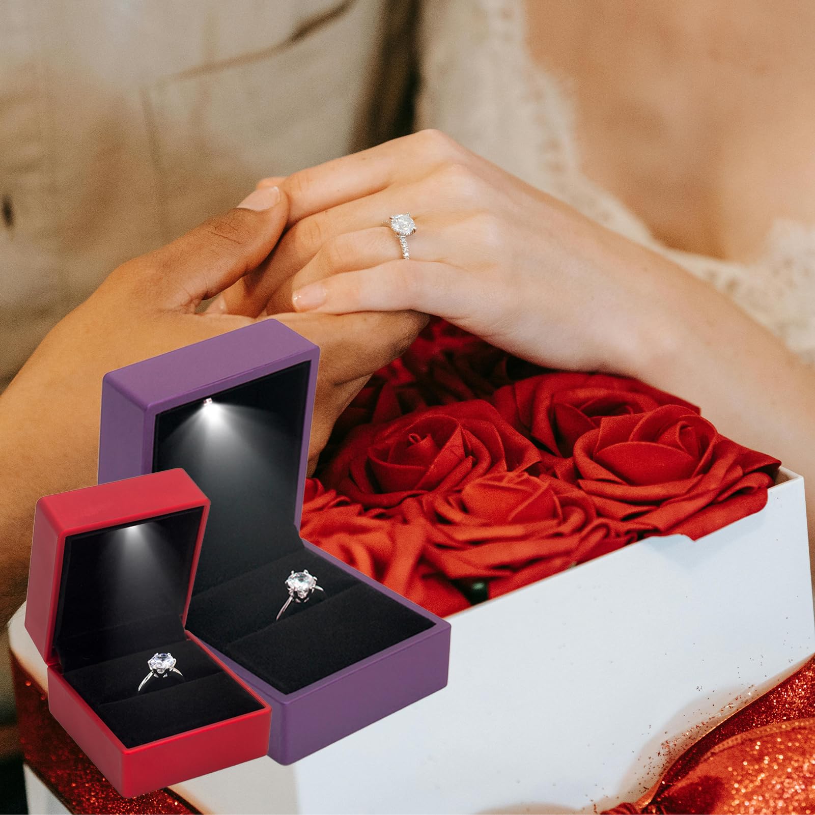 Caja de anillos,Light Ring Box,Jewelry Box,Caja de regalo de joyería,caja de almacenamiento,para Boda, propuesta,Compromiso,Aniversario(Negro)