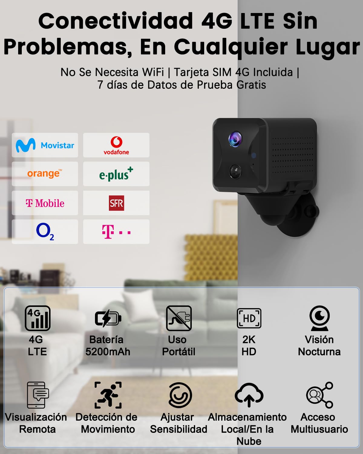 UCOCARE Camara Vigilancia SIM, Camara Vigilancia sin WiFi con Tarjeta SIM | Mini Camara 4G 2K, Bateria 5200mAh, Detección Movimiento AI, Visión 160°, Vision Nocturna, para Coche, Camping y Viajes
