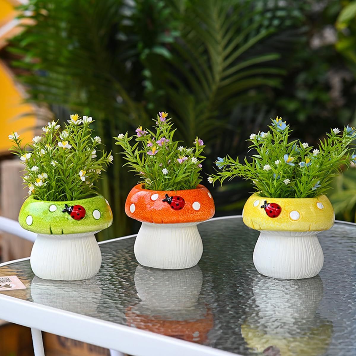 Cute Ceramic Mushroom Planter with Ladybug, Unique Succulent Planter Fun Flower Pot, Decorative Plant Pot for Indoor Outdoor Plants Home Garden Office Desk Decorations (Green)