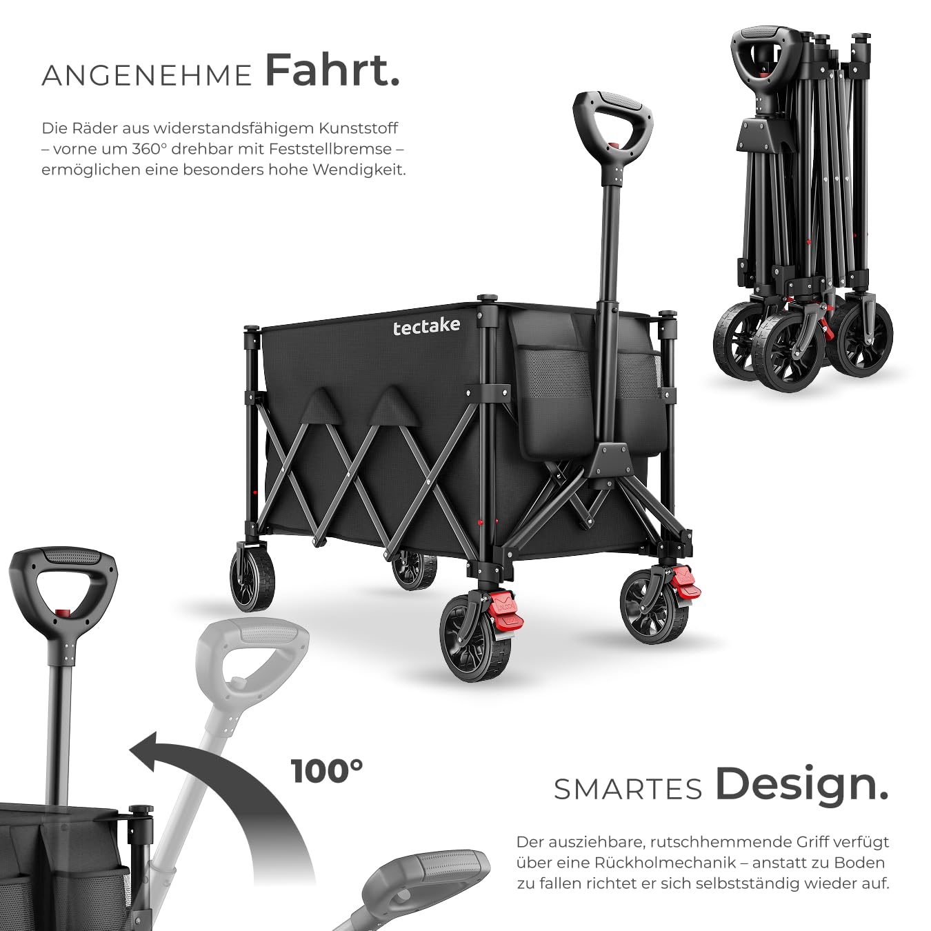 tectake® Bollerwagen faltbar, Transportwagen klappbar, Transporter mit Teleskopgriff und Rückholmechanismus, Profil Kunststoffräder mit Bremse, mit Plane und Einlegebogen, Belastbarkeit 80 kg - 120 L
