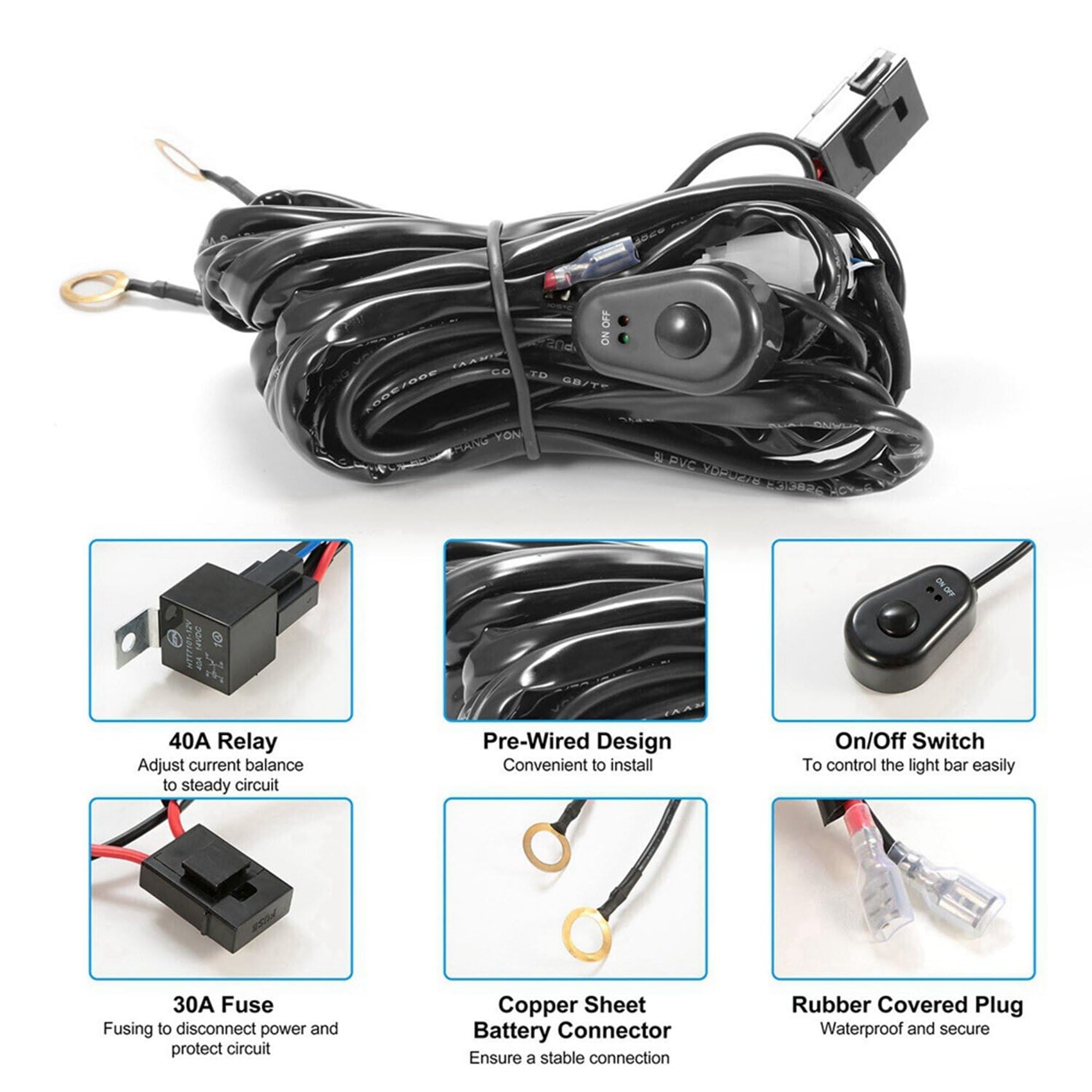 6X Kit Cablaggio per 1 Interruttore con Fusibile Luce 12V 40A Relè 180 W/ 300 W per Barra da Un LED da 4-52 Pollici