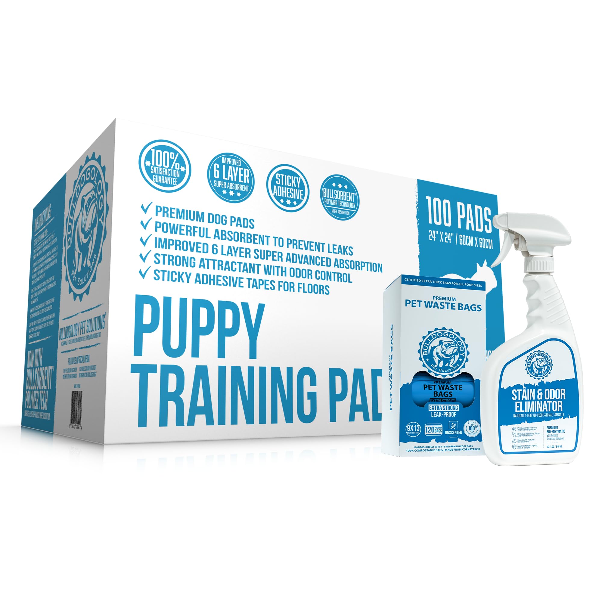 Bulldogology Puppy Pads 24x24", Stain & Odor Remover Dog Poop Bag Bundle (100-Count w/ 32 oz., 120-Bags)