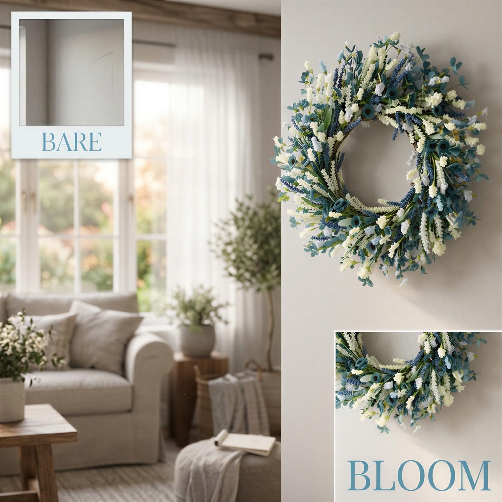 Ghirlanda di fiori artificiali da 15.7 in / 40 cm, ghirlanda floreale mista blu e bianca, verde intenso, decorazione primaverile estiva per porta d'ingresso, da appendere alla parete, composizione