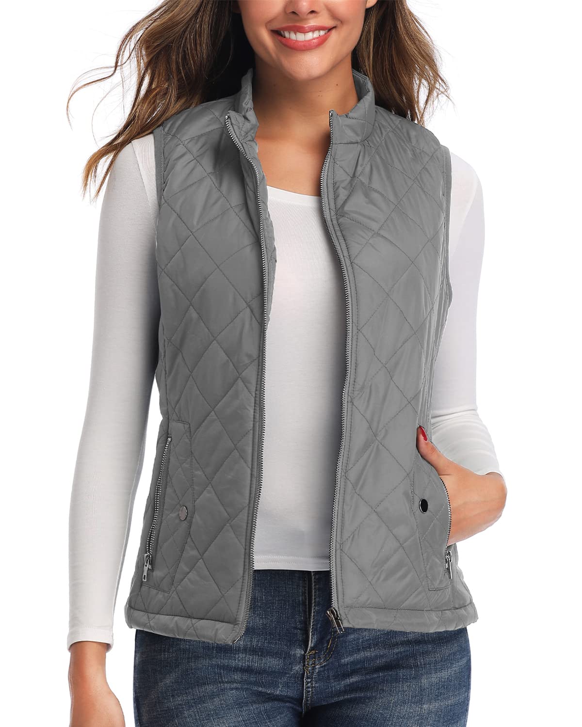 LK Women's Padded Vest, Stand Collar Lightweight Zip Quilted Gilet Gray M