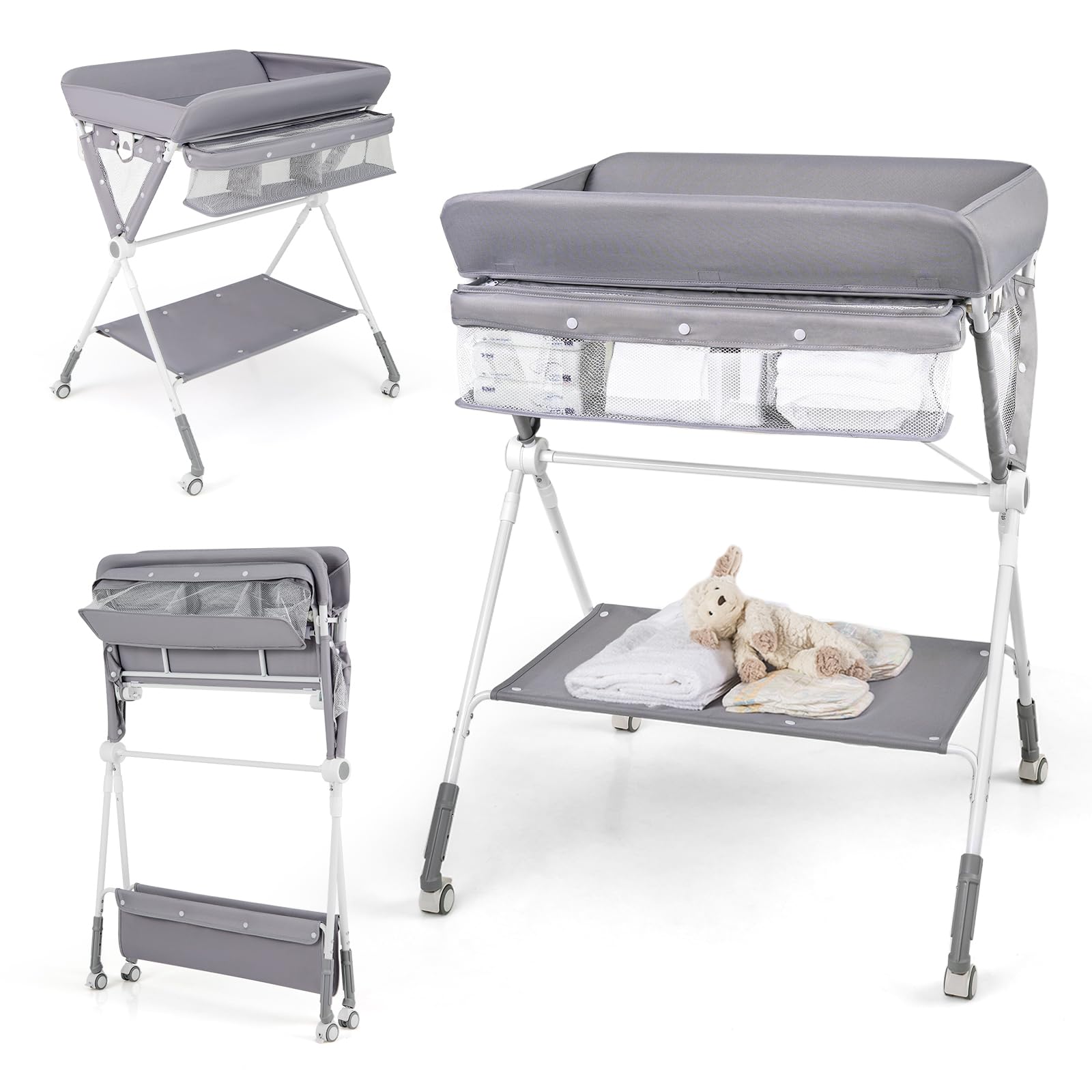 COSTWAY 3 in 1 Wickeltisch klappbar, mobile Wickelkommode mit Rollen, höhenverstellbar, Wickelauflage bis 11 kg (Grau)