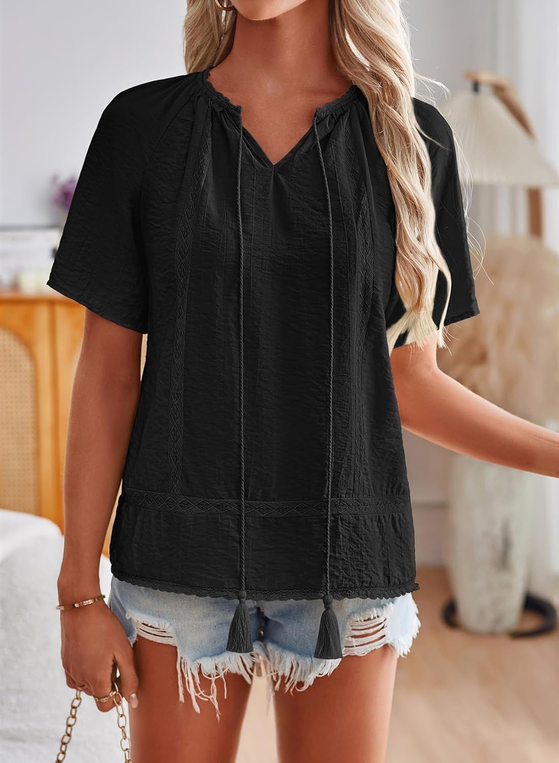 Womens Boho Tops V Neck Short Sleeve Lace Trim Blouses Peasant Tassel Tie Front Casual Cute Shirts - Image 3