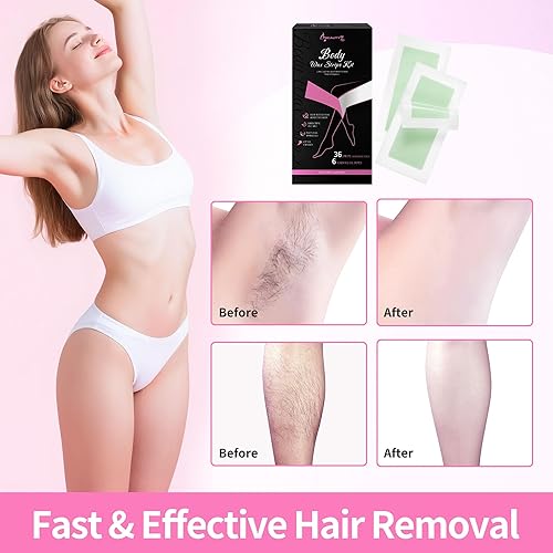 Miniatura 2 de Beauty7 Tiras de cera para depilación, kit de tiras de cera corporal, brazos, piernas, cejas, axilas, bikini, 36 tiras, 6 toallitas de aceite