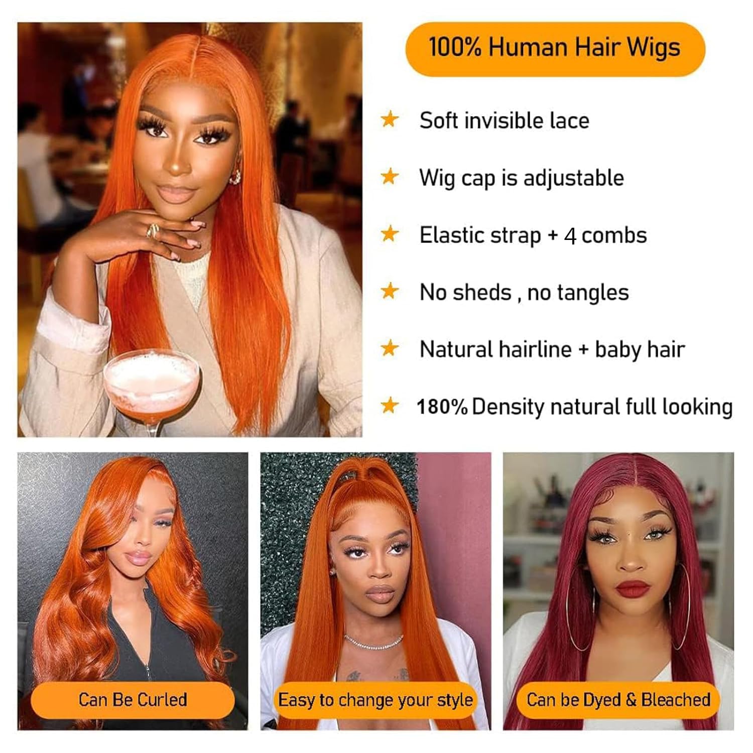 22 Inch Ginger Orange Lace Front Wigs Human Hair Straight 13x4 Transparent Lace Frontal Wig for Women Glueless Wear and Go Ginger Wigs Human Hair 350# Colored Straight Wig - Image 4