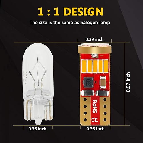 Miniatura 4 de PHINLION 194 bombillas LED ámbar amarillo súper brillante cuña miniatura 168 2825 2827 T10 4014 chipsets LED bombillas de repuesto para matrícula de