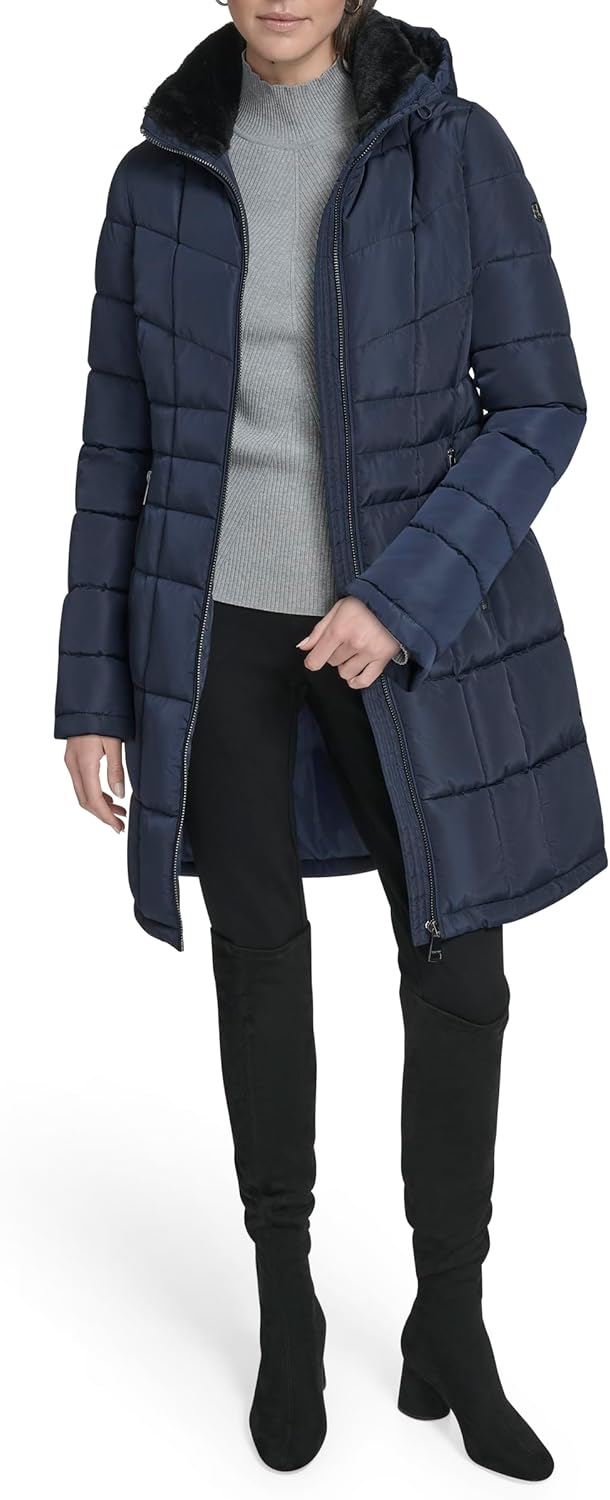 Calvin Klein womens Full Length Puffer Coat – Hooded Quilted Winter Jacket With Zip Up Front - Image 4