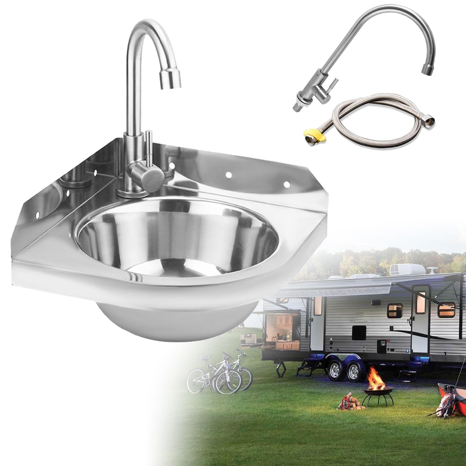 Wandmontierte Edelstahl-Eckspüle mit Wasserhahn und Abfluss, ideal für Wohnmobil, Boot, Badezimmer, Küche und WC