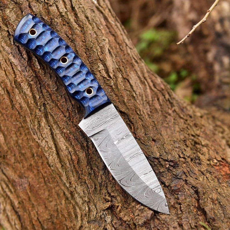 Custom Handmade Damacus Steel Skinner Knife, Hunting Knife, Fixed Blade, EDC Knife for Hunting, Camping, Outdoor Activities, Densified Wood Handle, Premium Leather Sheath