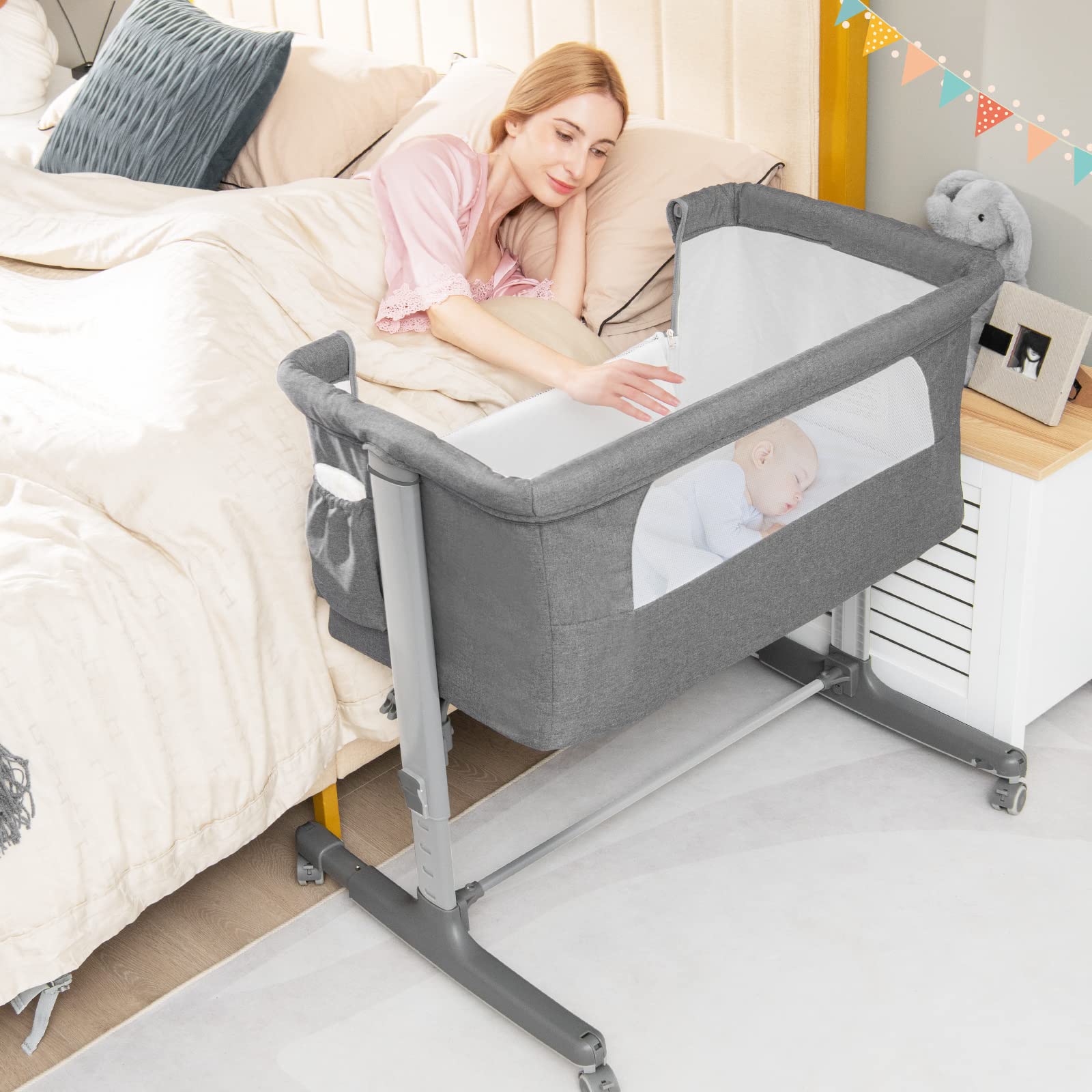 RELAX4LIFE 3 in 1 Culla Neonato Fianco Letto, Culla da Campeggio con Materasso e Cinghia Fissaggio, Regolabile In Altezza 5 Posizioni, Borsa per il Trasporto, per Bambini 0-6 Mesi (Grigio Chiaro)