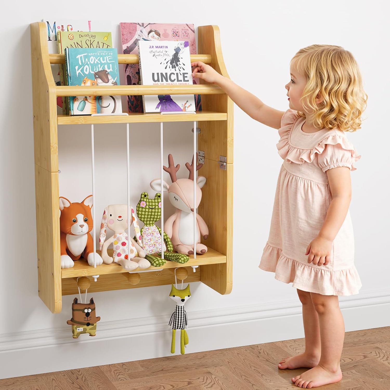 Wall-Mounted Kids Bookshelf, 2-Tier Bamboo Floating Nursery Book Shelf, Picture Ledge Shelf for Wall Decor and Storage, Hanging Toy Shelf Organizer for Baby Rooms Playroom Bedroom