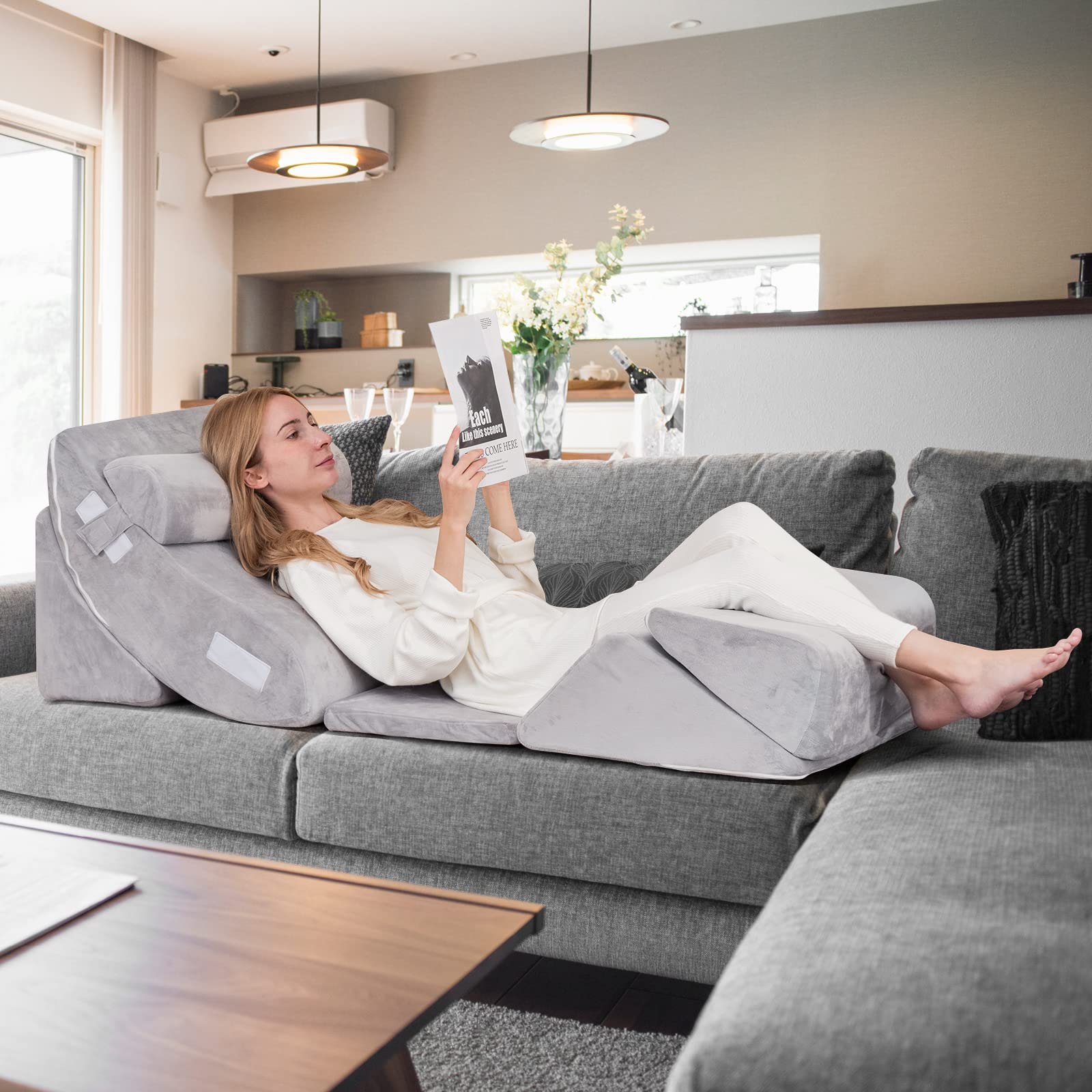 GYMAX Set di Cuscino a Cuneo per Letto/Divano, in Memory Foam, Cuscino Ergonomico, Supporto per Collo/Lombare/Schienale/Gambe, Forma Regolabile, Design Ortopedico, Grigio (6 Pz)