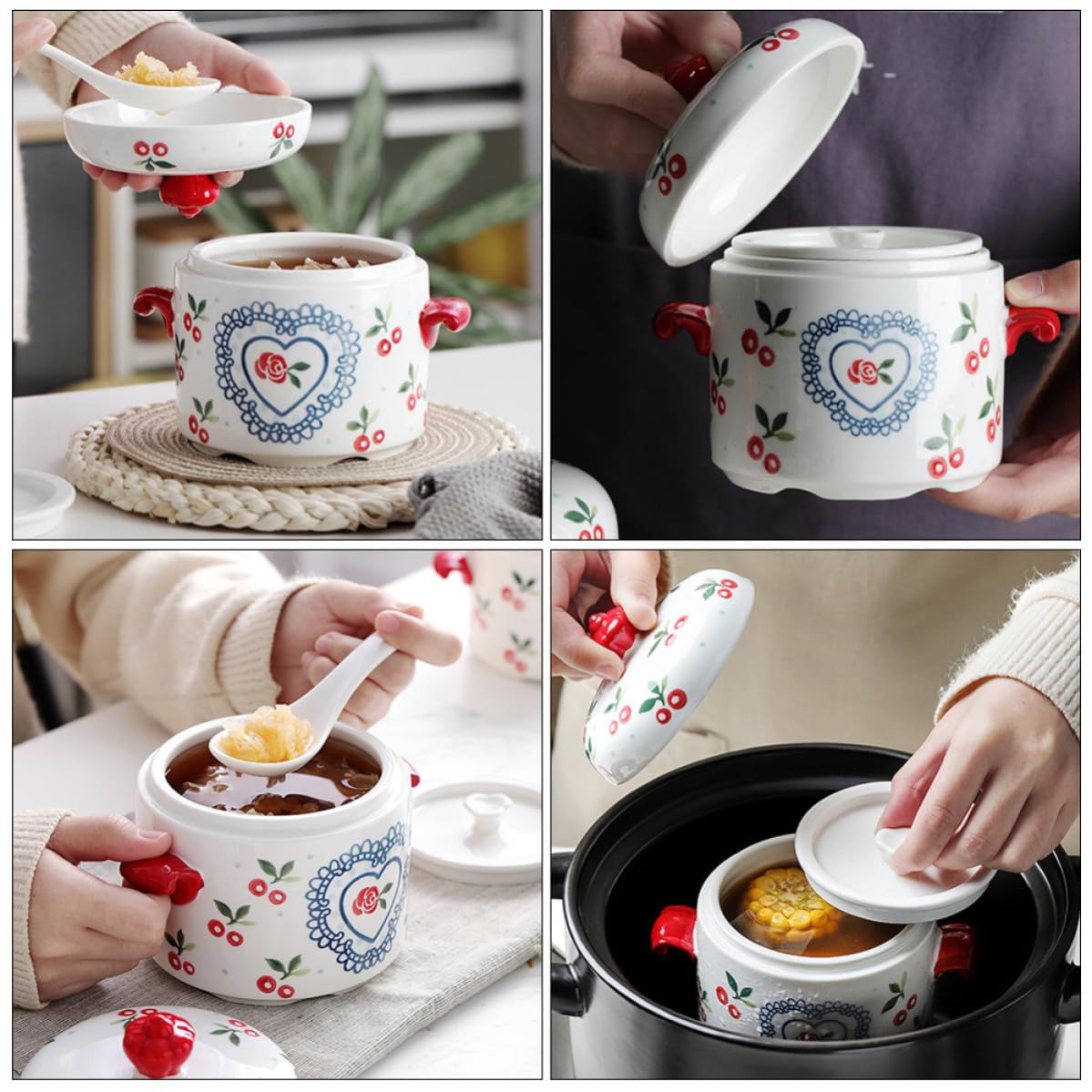 Olla de Cerámica para Sopa y Guiso 650ml Tapa y Asas