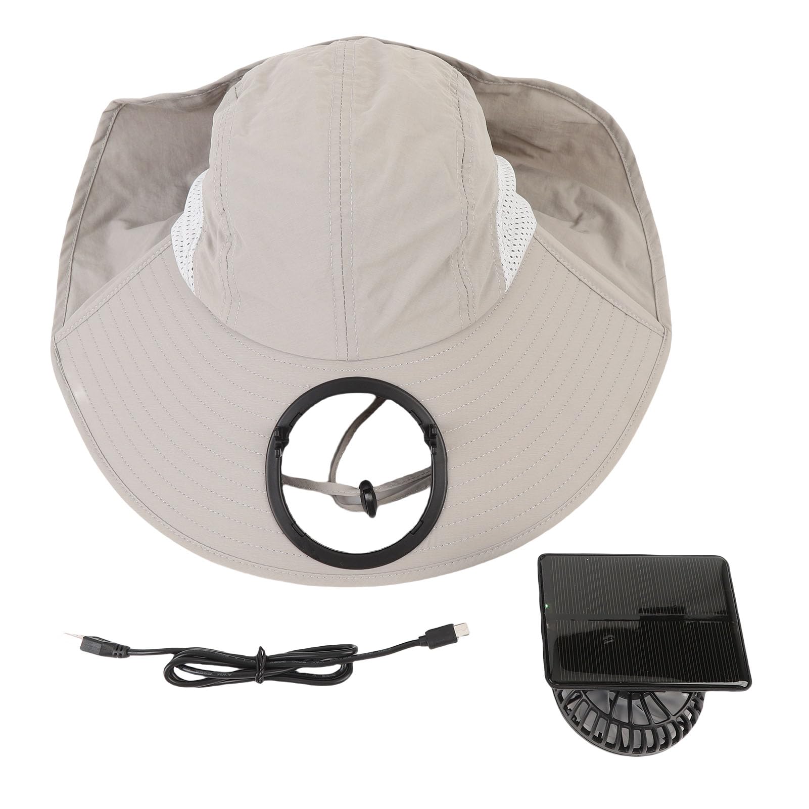 FTVOGUE Cappello Ventaglio Cappello Sole con Ventola Solare a Tesa Larga Ricaricabile Tramite USB Regolabile per Pesca Spiaggia Sport all'aria Aperta Tessuto in Poliestere di Cotone Grigio Chiaro